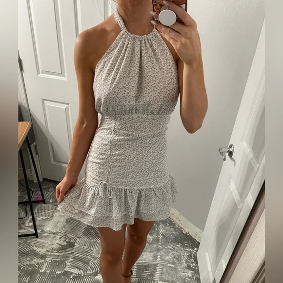 Off White Dusty Blue Floral Halter Dress